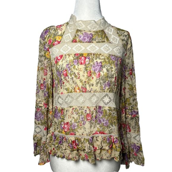 ASOS SZ 4 Floral Lace Trim Blouse dainty romantic Cottagecore Ruffle Sleeve Top - Picture 2 of 9